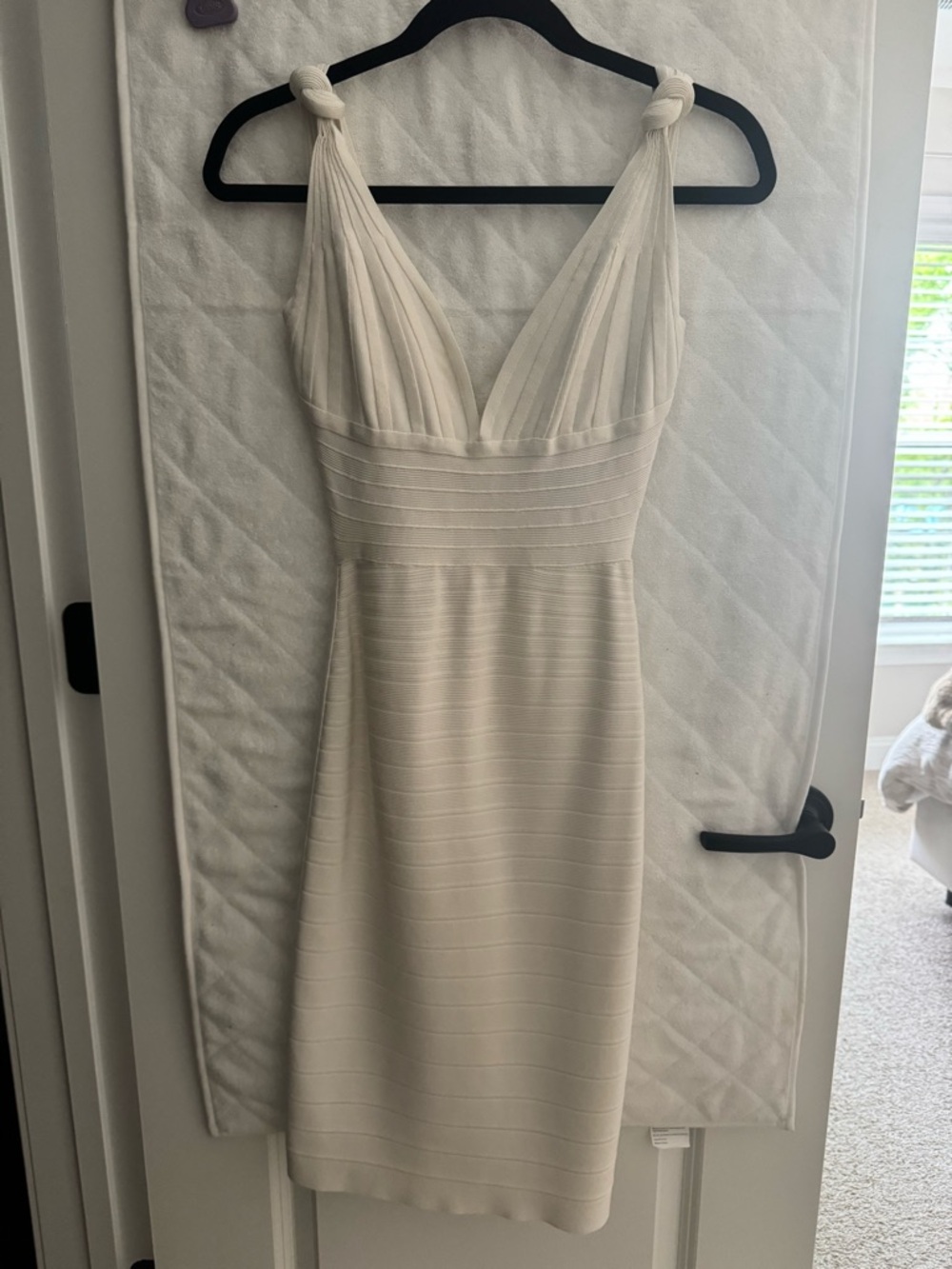 Herve Leger Cream Knot-Shoulder Midi Dress